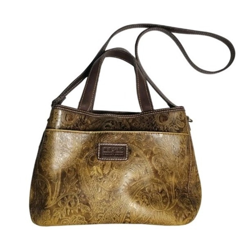 Relic Leather Handbag Golden Brown Engraved Paisley Design On Leather